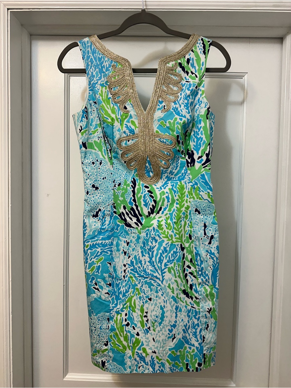 Sleeveless Blue & Green Printed Sheath Dress with Gold Trim